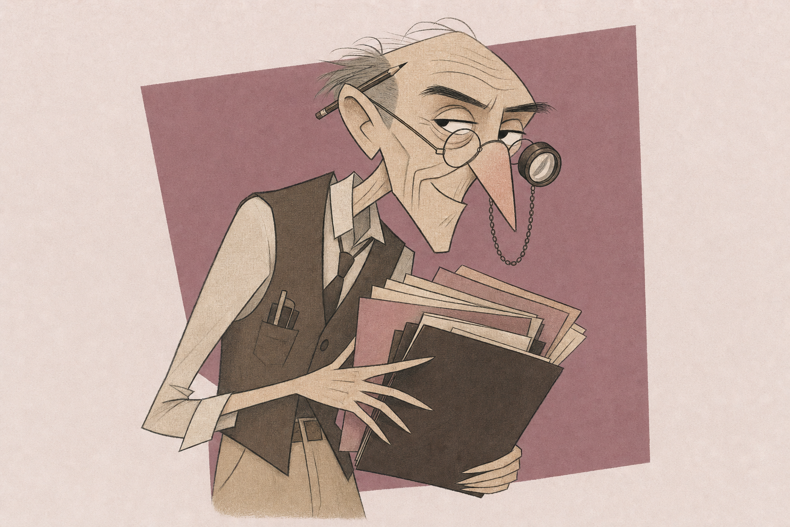 Illustration: meticulous forger reviewing counterfeit paperwork and vendor credentials.